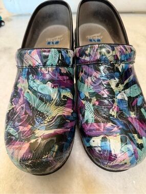 Dansko Women's Floral Print Leather Clogs in Teal, Purple, Pink & Black